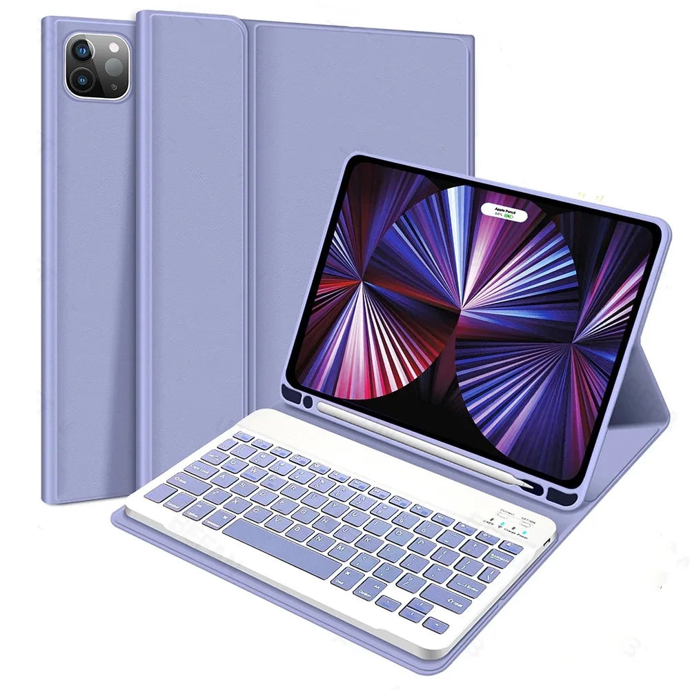 iPad displayed in purple magnetic keyboard case with stand, wireless keyboard, and touchpad.