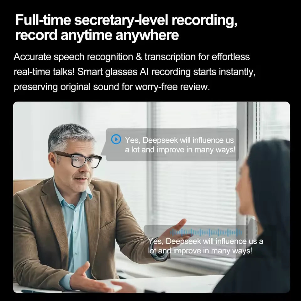 Person using smart glasses with text overlay about speech recognition and transcription technology.