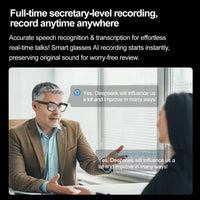 Person using smart glasses with text overlay about speech recognition and transcription technology.