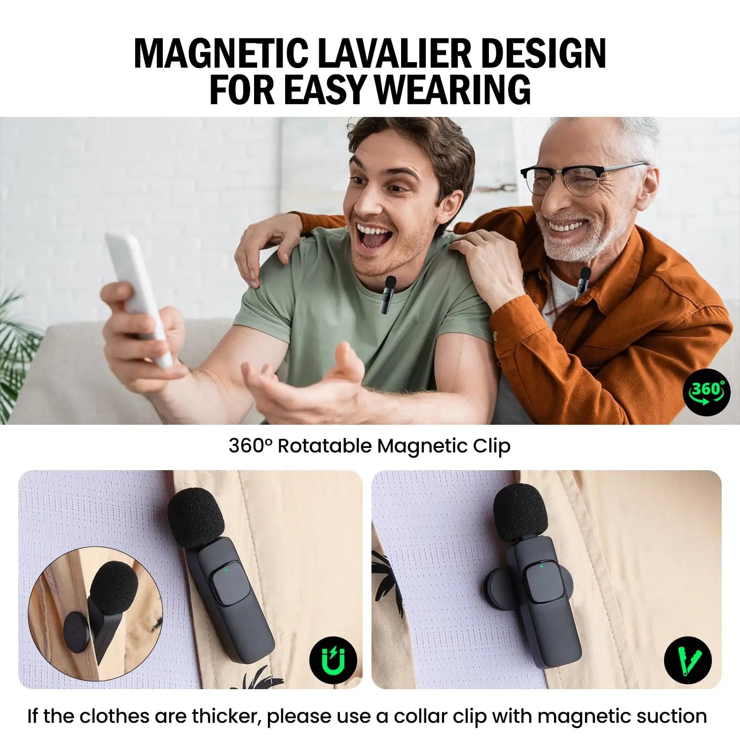 “Magnetic lavalier microphone with 360° rotatable clip shown on clothing, with two people recording on a smartphone.”
