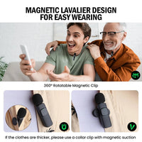 “Magnetic lavalier microphone with 360° rotatable clip shown on clothing, with two people recording on a smartphone.”