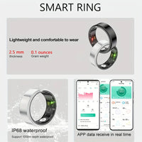 Smart health tracking rings in black and silver, showing modern design and sensor placement.