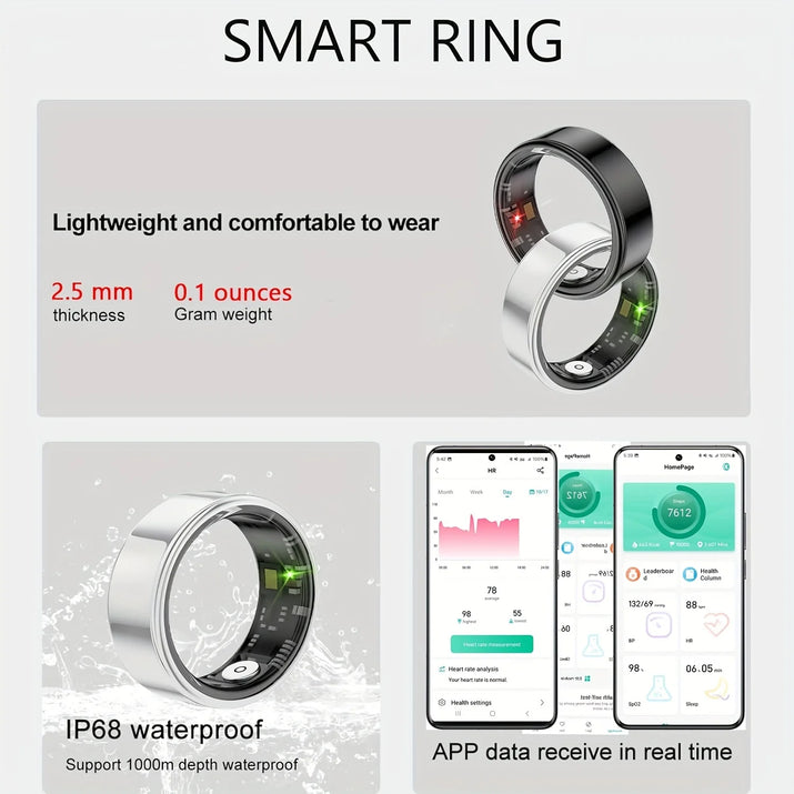 Smart health tracking rings in black and silver, showing modern design and sensor placement.