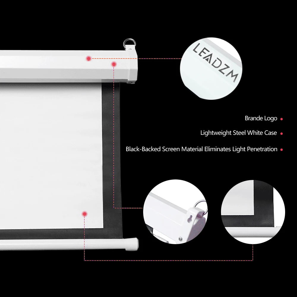 Projector screen with LEADZM branding and features highlighted on a black background