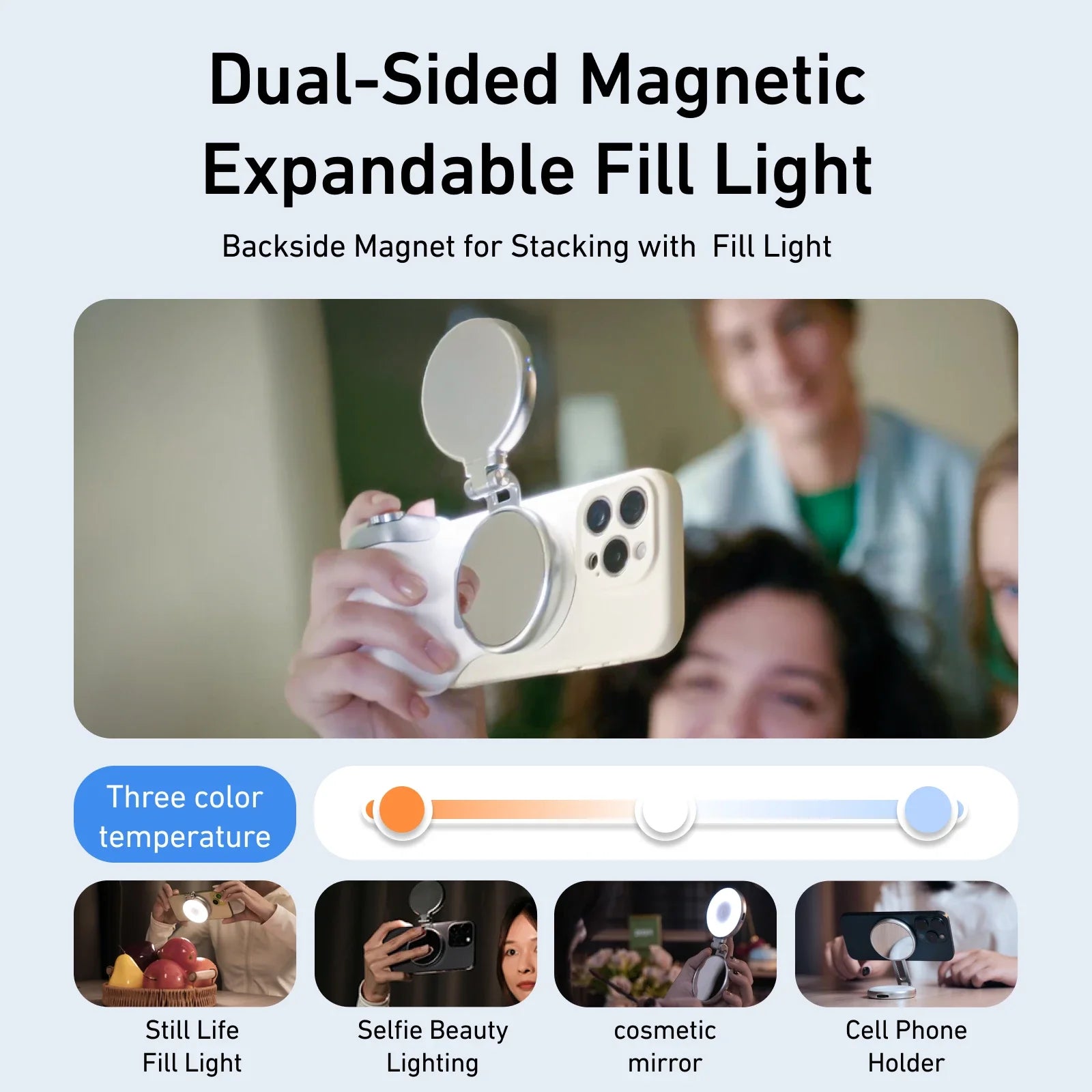 Dual-sided magnetic expandable fill light with smartphone holder and lighting options.