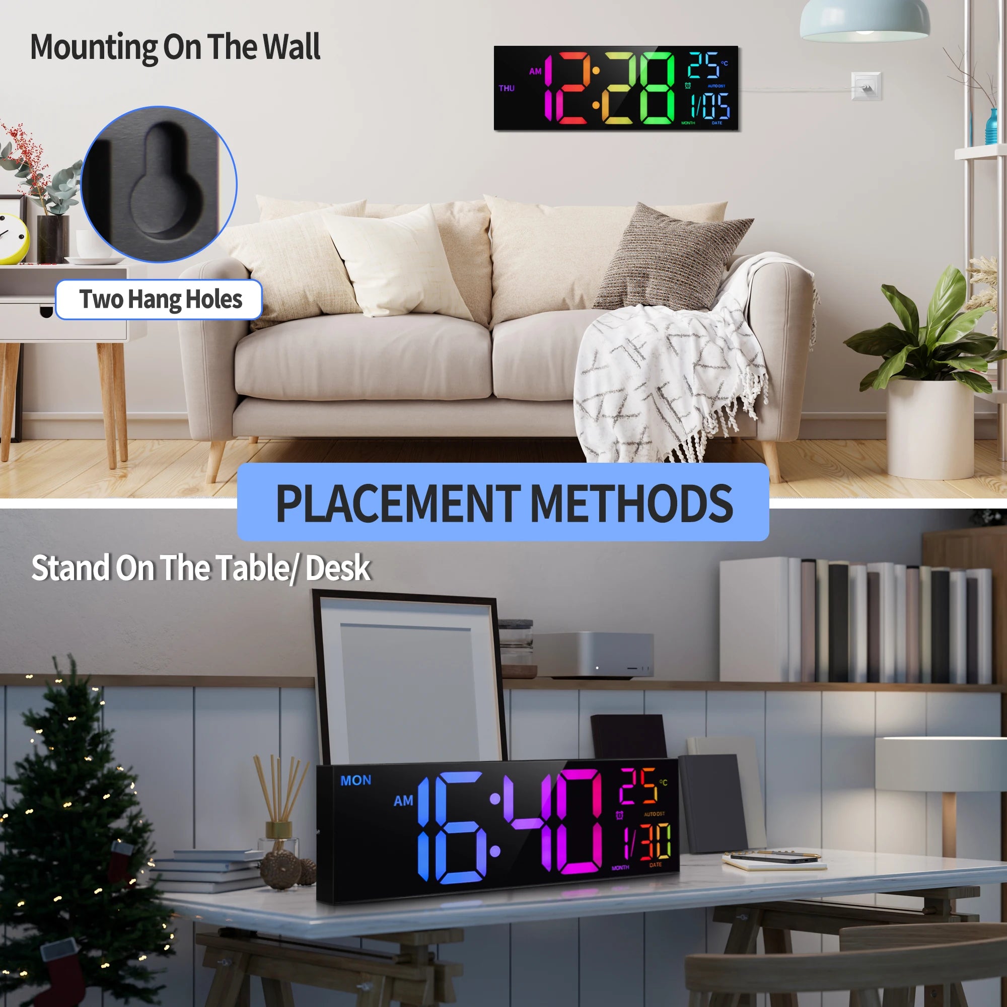 Digital clock displayed on a wall and table with text indicating placement methods.