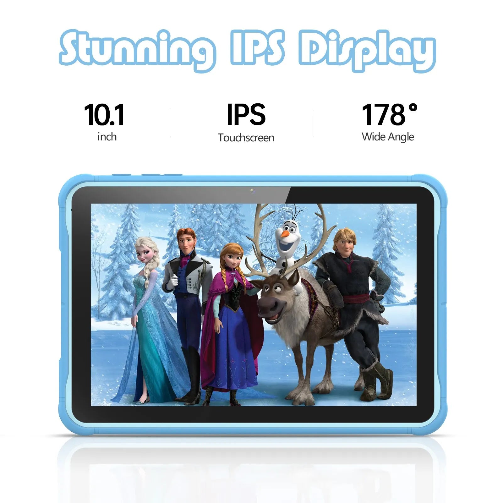 “Blue shockproof kids tablet with animated display”