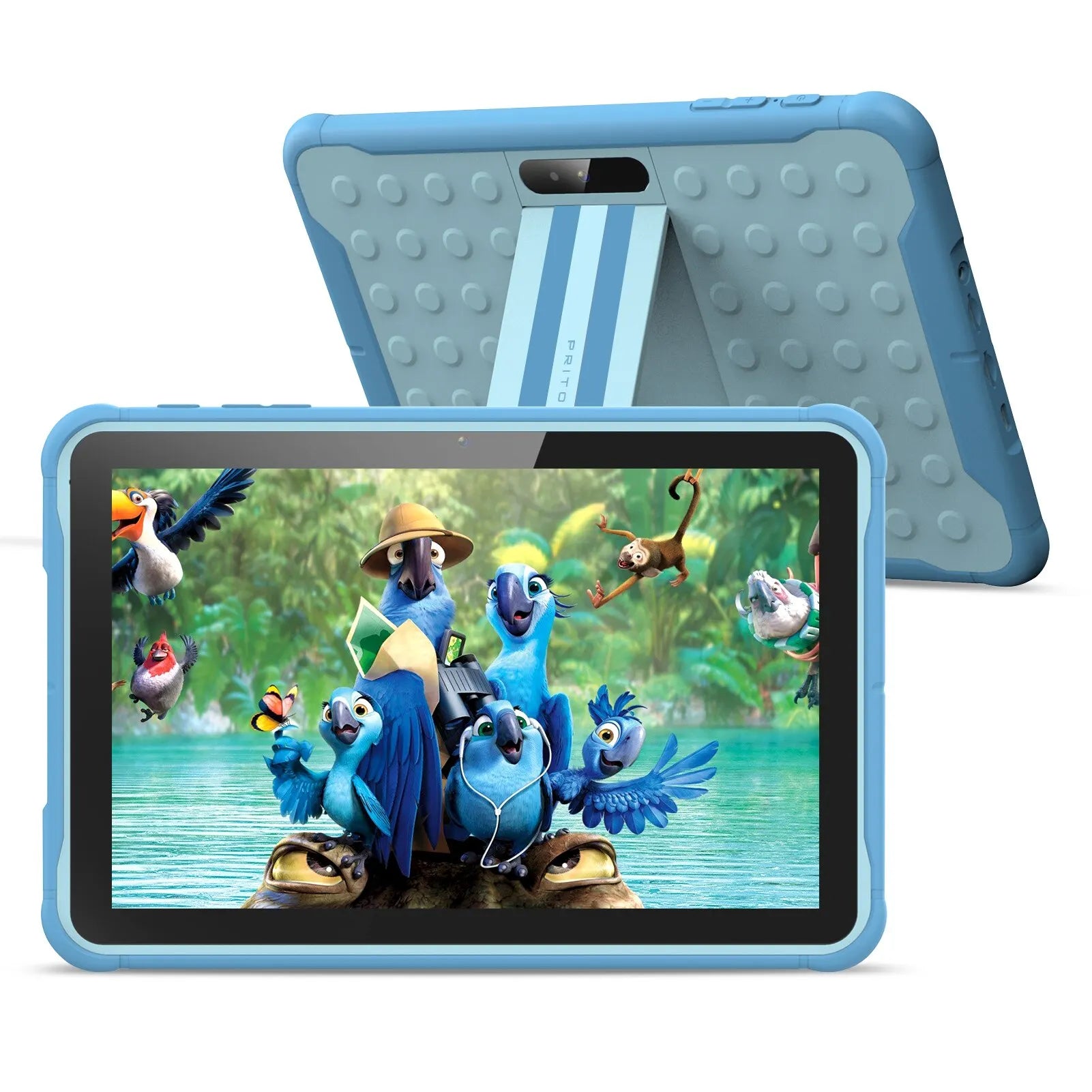 “Blue shockproof kids tablet with animated display”