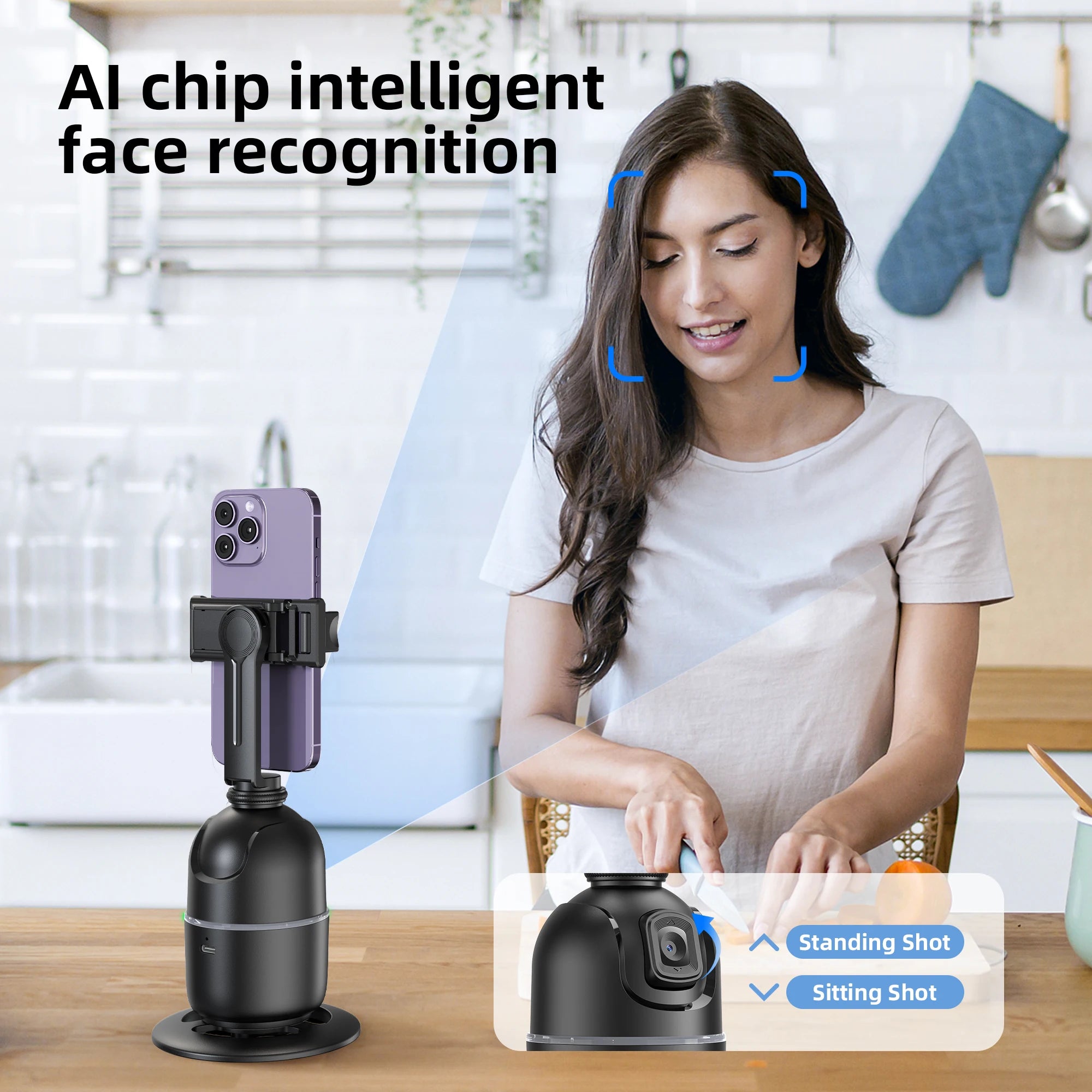 Woman using a smartphone with AI chip intelligent face recognition feature in a kitchen setting.