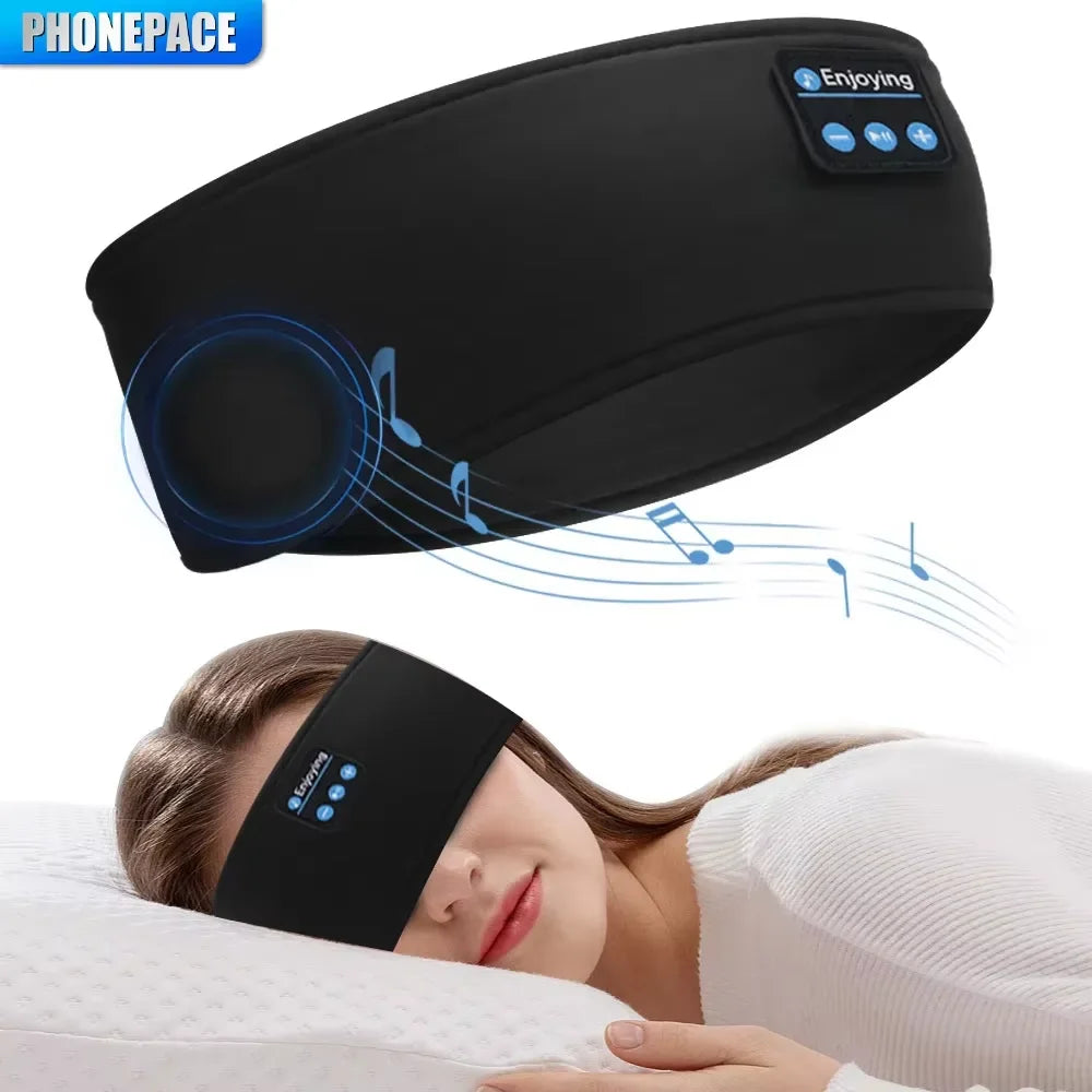 “Bluetooth sleep mask with built-in speakers, shown on a person resting in bed.”