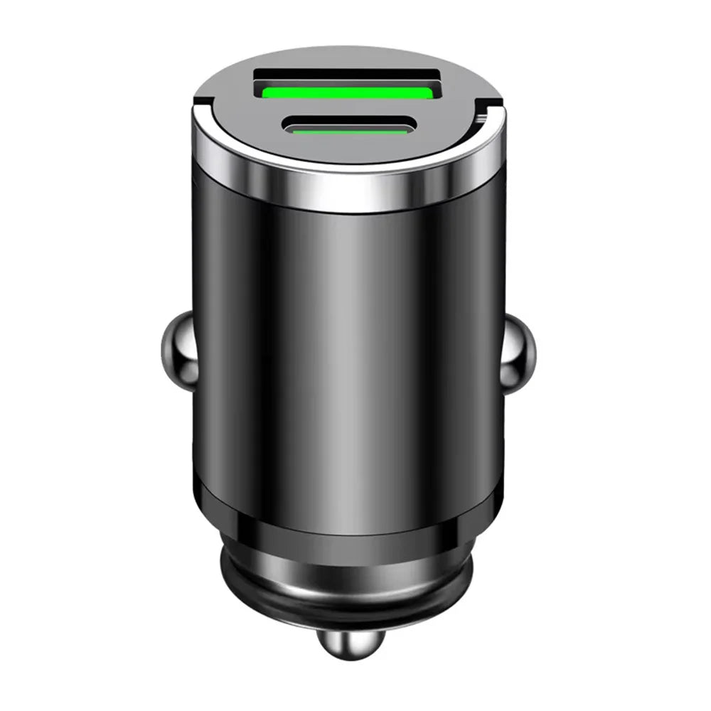 Car charger with dual USB ports on a white background