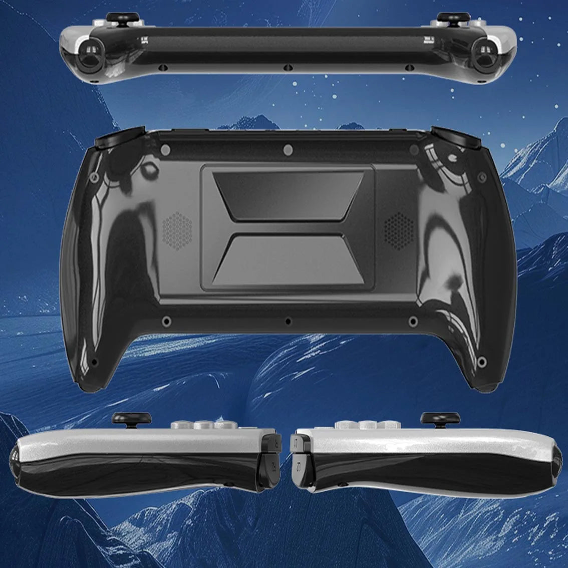 Black gaming controller with white accents on a mountainous landscape background