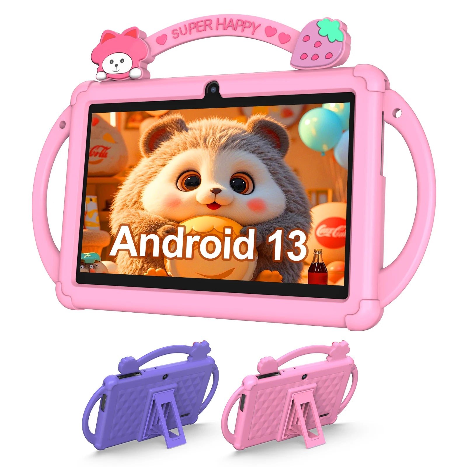 Pink children's tablet with Android 13 display, cartoon character, and additional accessories on a white background.