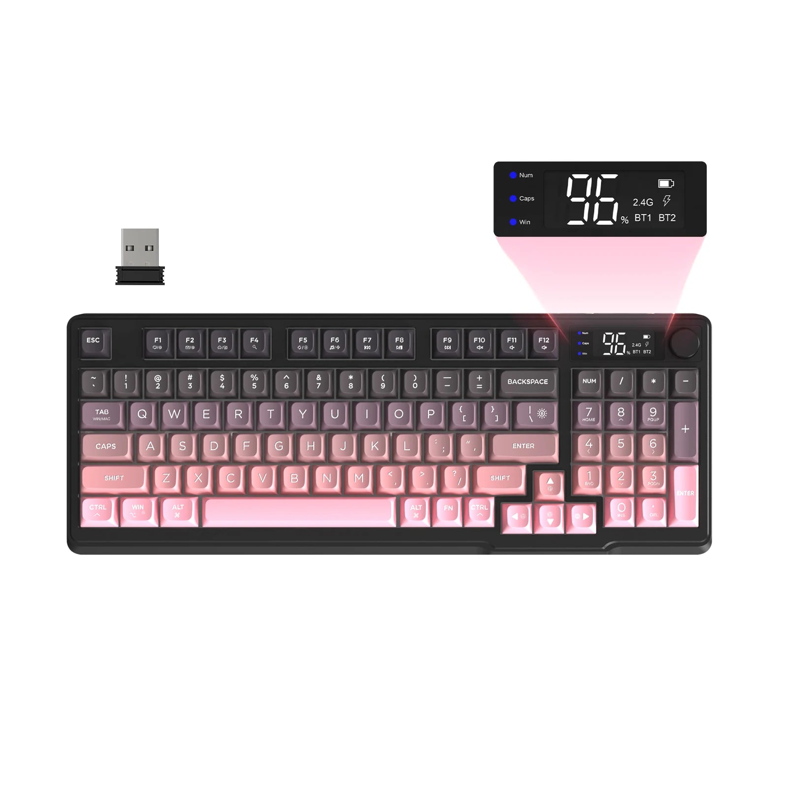 Keyboard with gradient keys and digital display on a white background