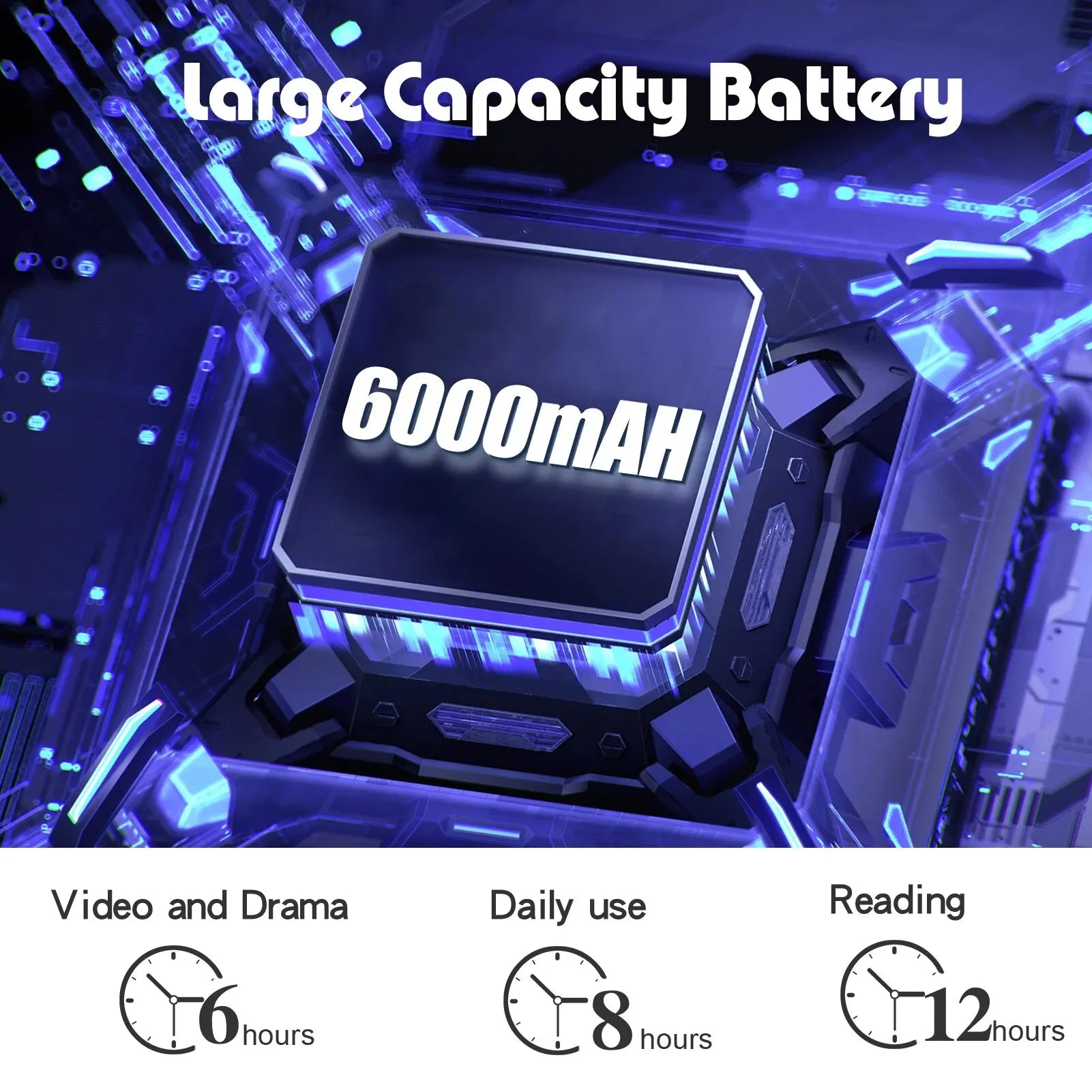 " Large Capacity Battery 600mAh" 6hrs. 8hrs. 12hrs.