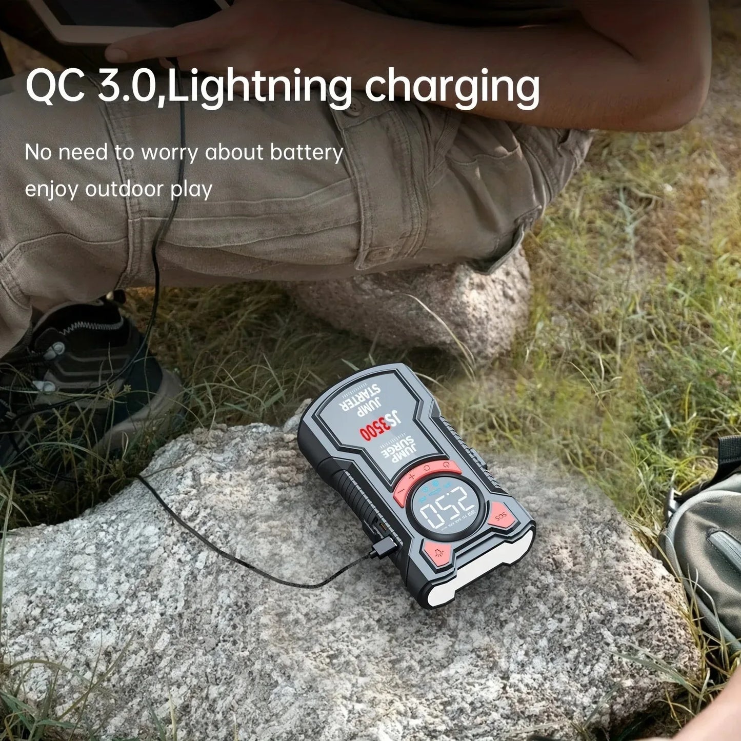 Portable charging device on a rock with text about QC 3.0 lightning charging