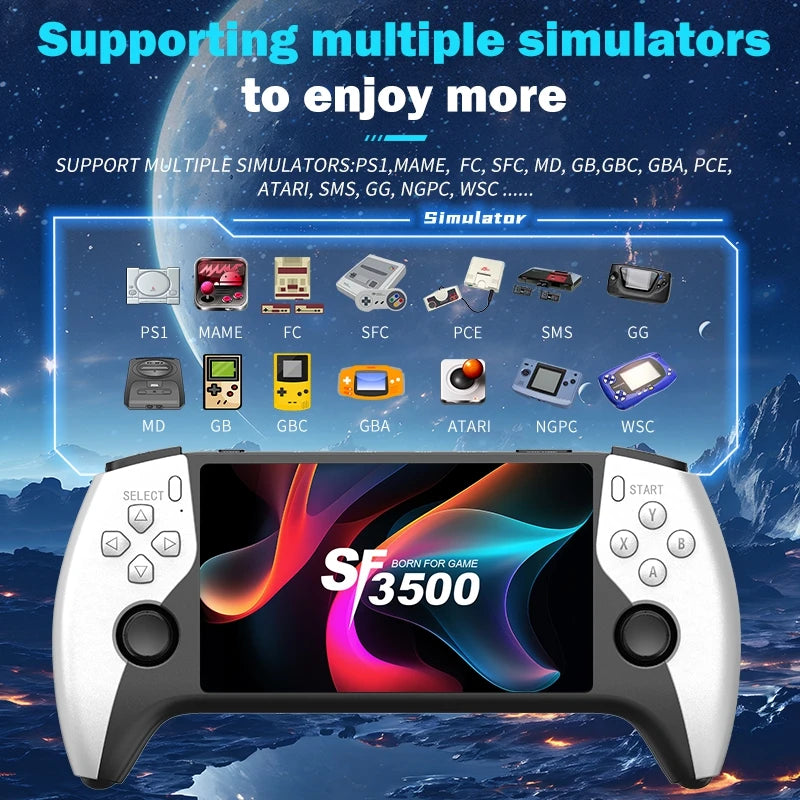 Gaming console with simulator support interface on a mountain and space-themed background