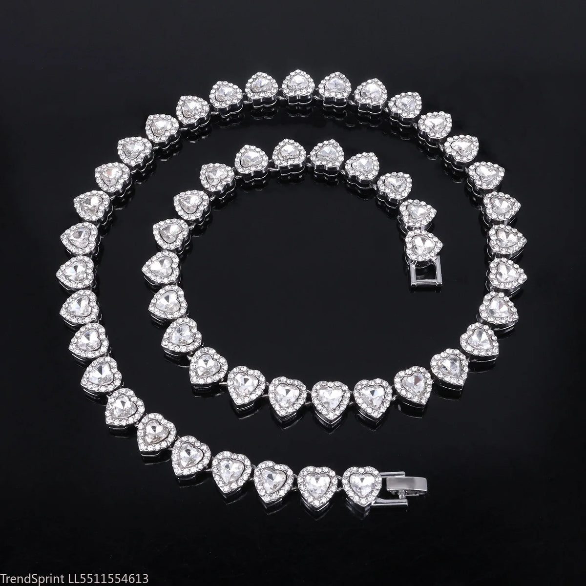 Silver-tone heart rhinestone necklace in a spiral arrangement