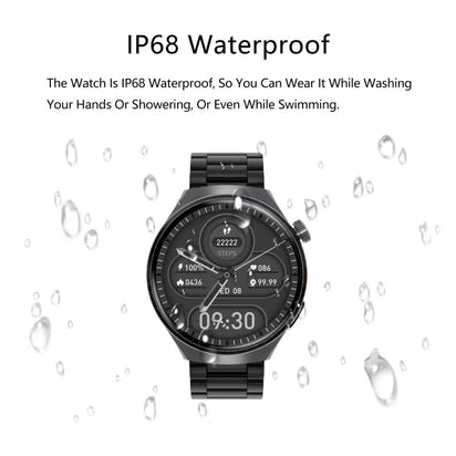 Smartwatch with water droplets around it, emphasizing IP68 waterproof feature.