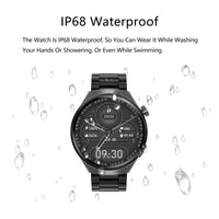 Smartwatch with water droplets around it, emphasizing IP68 waterproof feature.