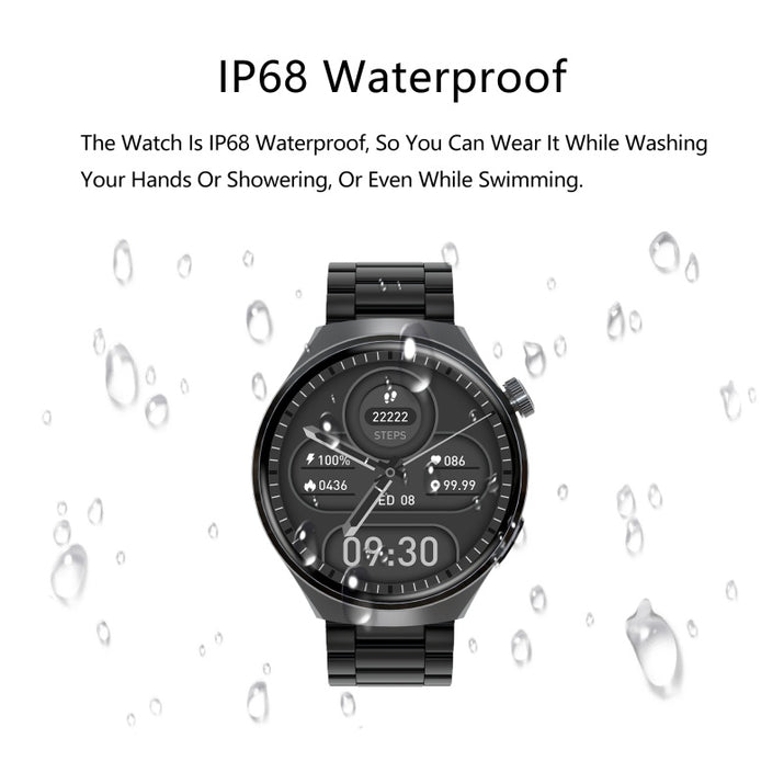 Smartwatch with water droplets around it, emphasizing IP68 waterproof feature.