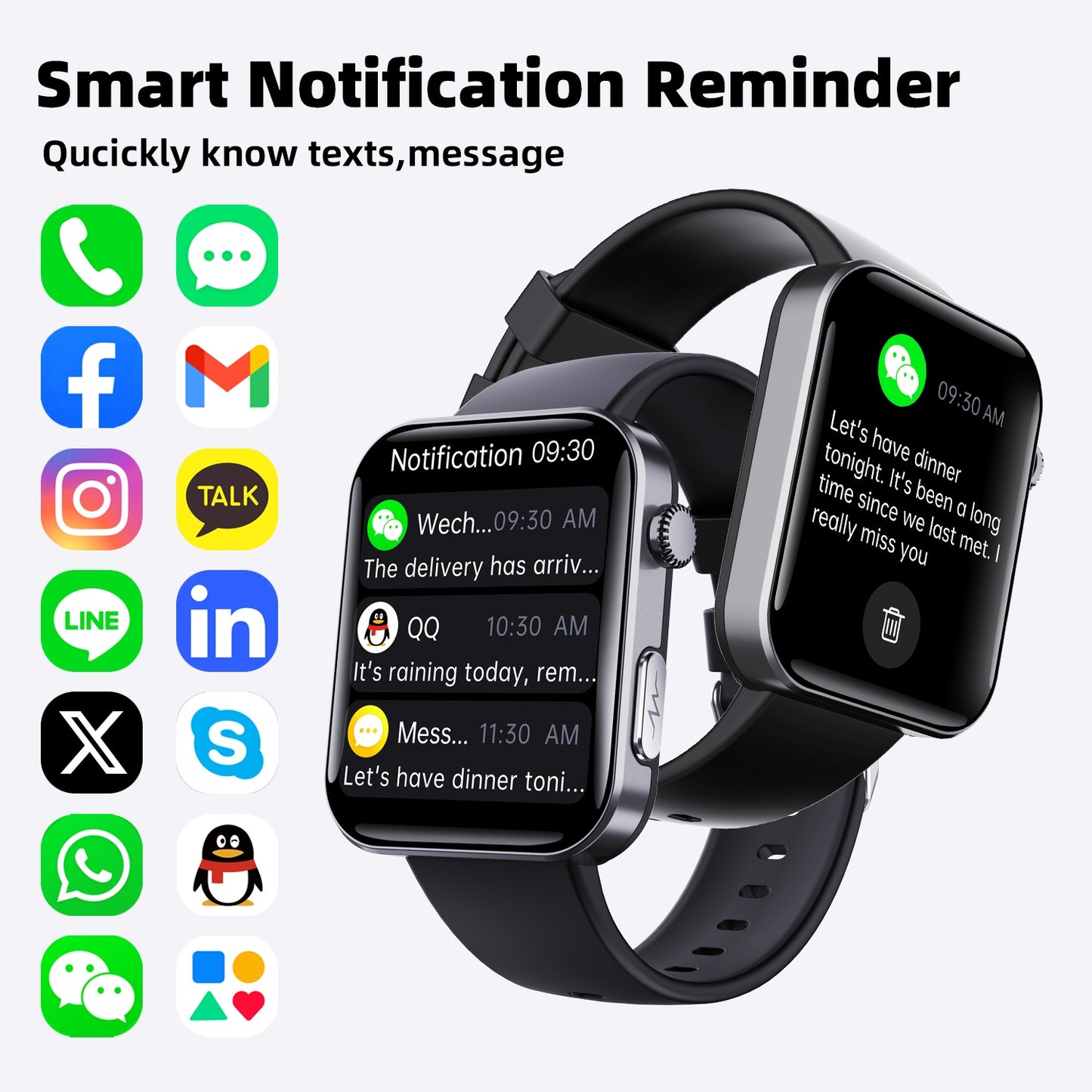 ALT: Smartwatch displaying notifications from social media and message apps on bright screen.