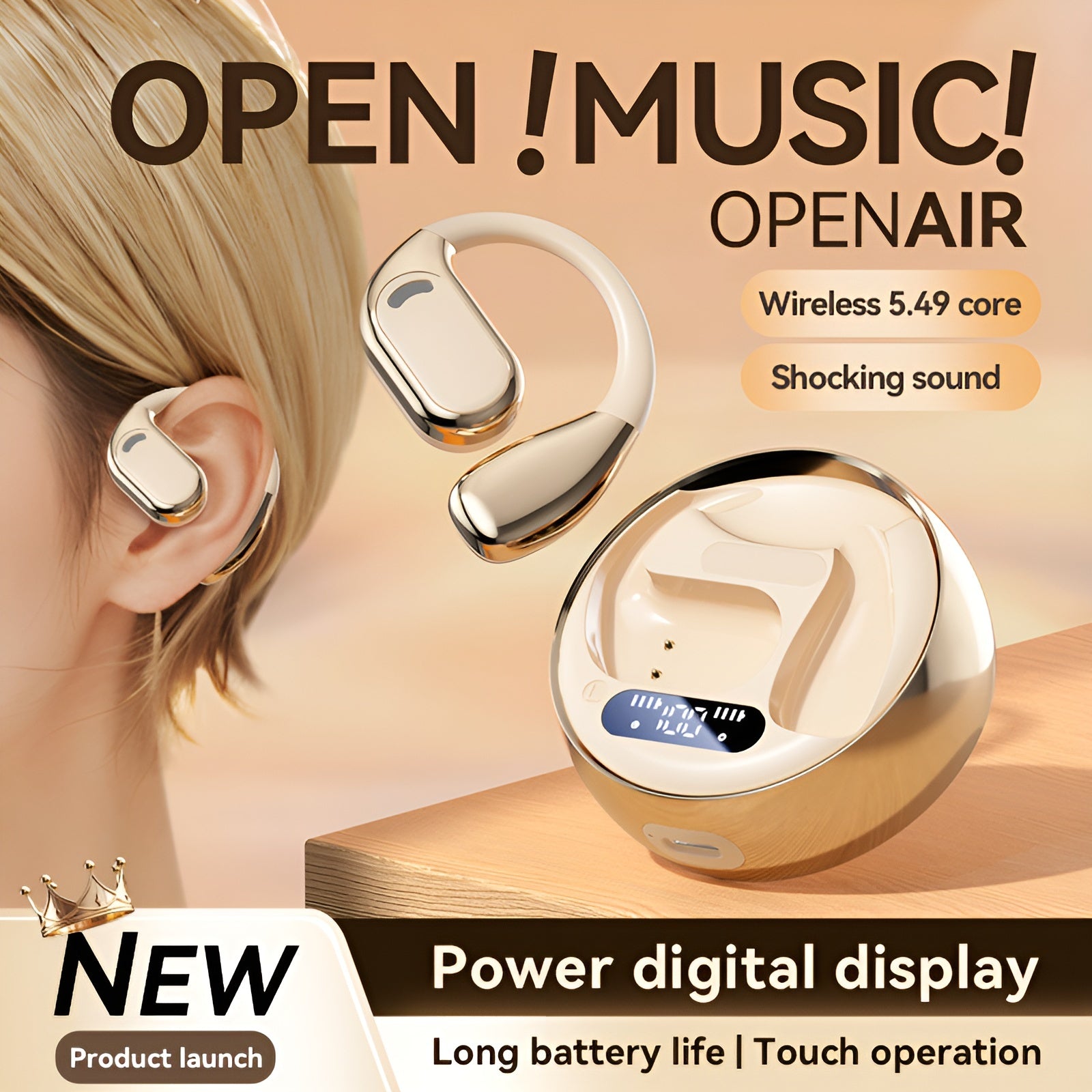 Gold wireless earbuds with charging case on a wooden surface, featuring text about product features.