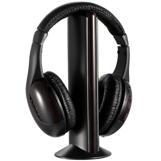 “Black wireless over-ear Hi-Fi headphones with cushioned ear pads and foldable design.”