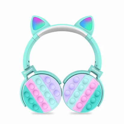 Turquoise wireless cat-ear headphones with pop-it fidgets ear pads for kids.