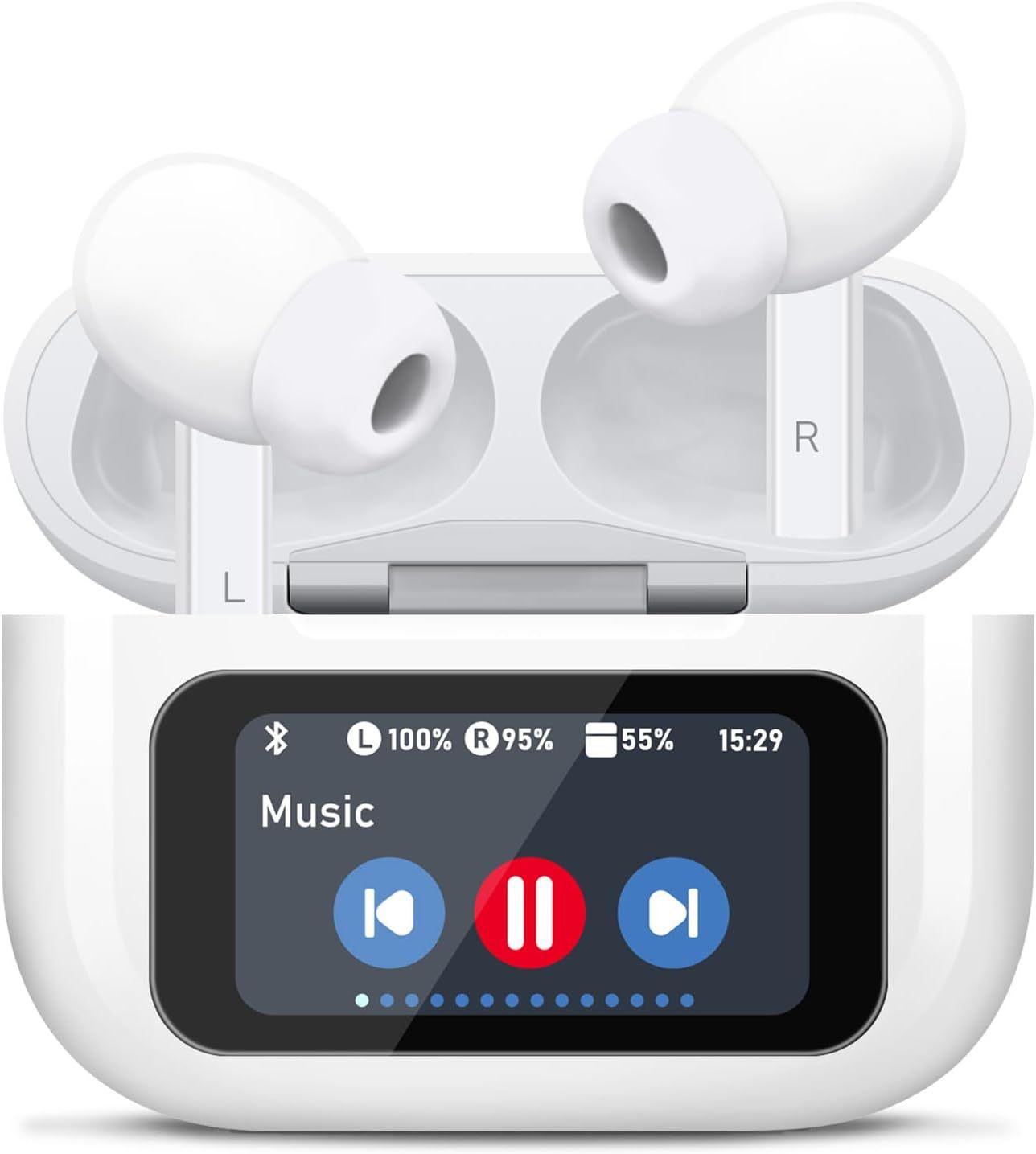 ALT: White wireless earbuds with touchscreen music display and charging case.
