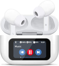 ALT: White wireless earbuds with touchscreen music display and charging case.