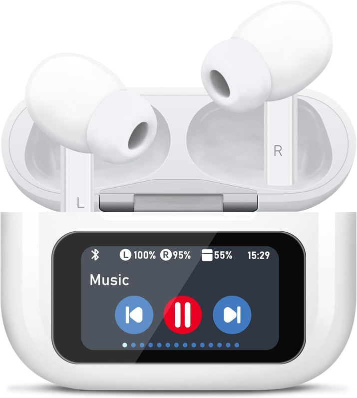 ALT: White wireless earbuds with touchscreen music display and charging case.