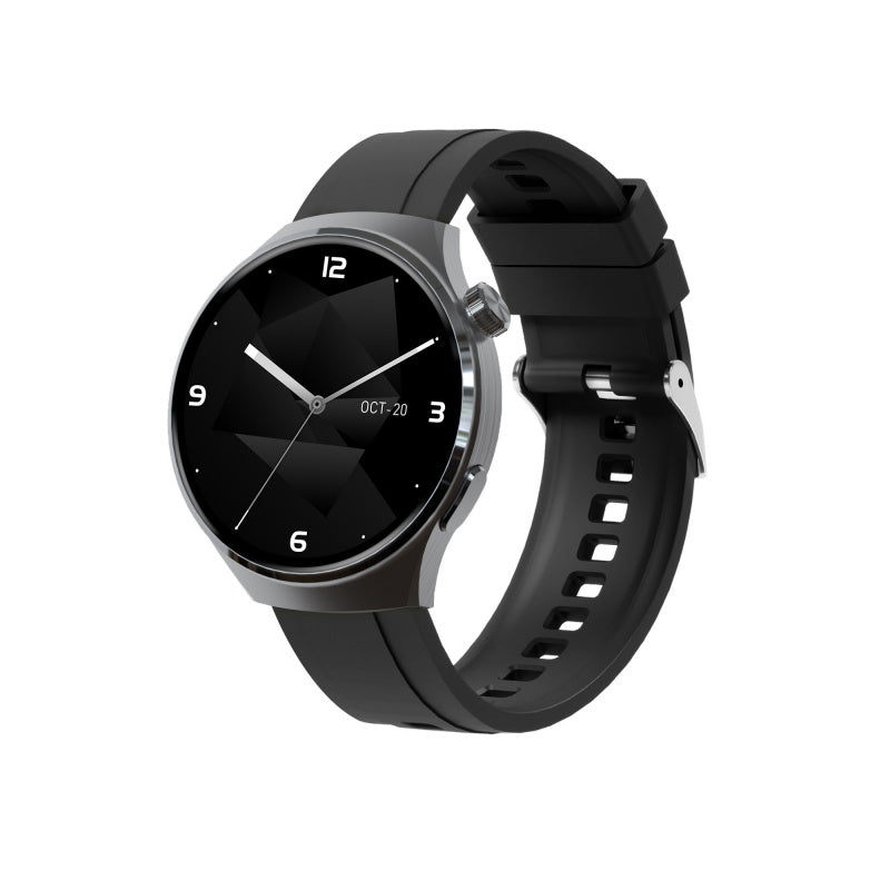 Black smartwatch with a black strap on a white background