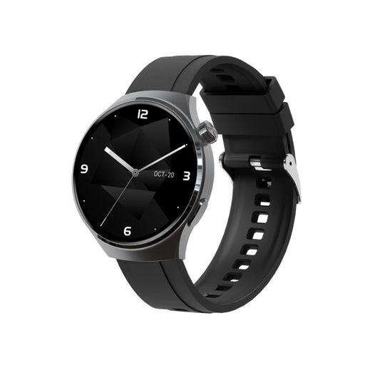 Black smartwatch with a black strap on a white background