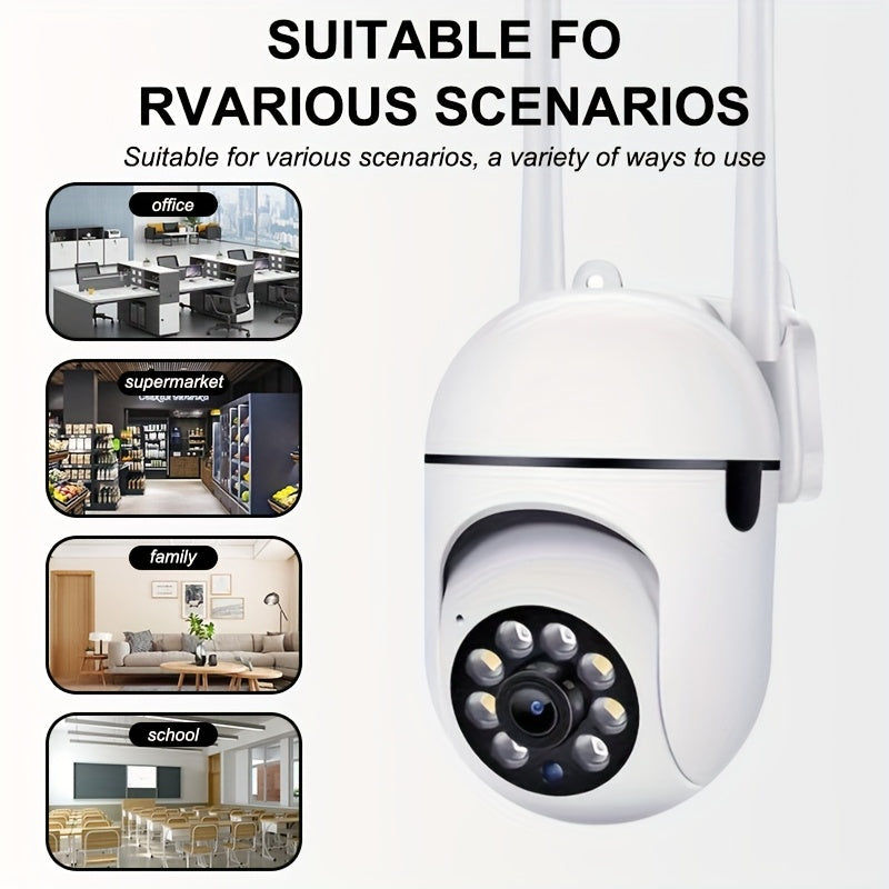 White security camera with LED lights on a white background, suitable for various scenarios like office, supermarket, family, and school.