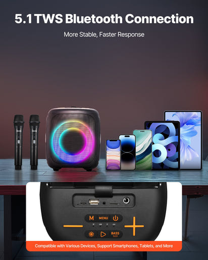 Multimedia device with wireless microphones and smartphones on a table, featuring 5.1 TWS Bluetooth connection text.