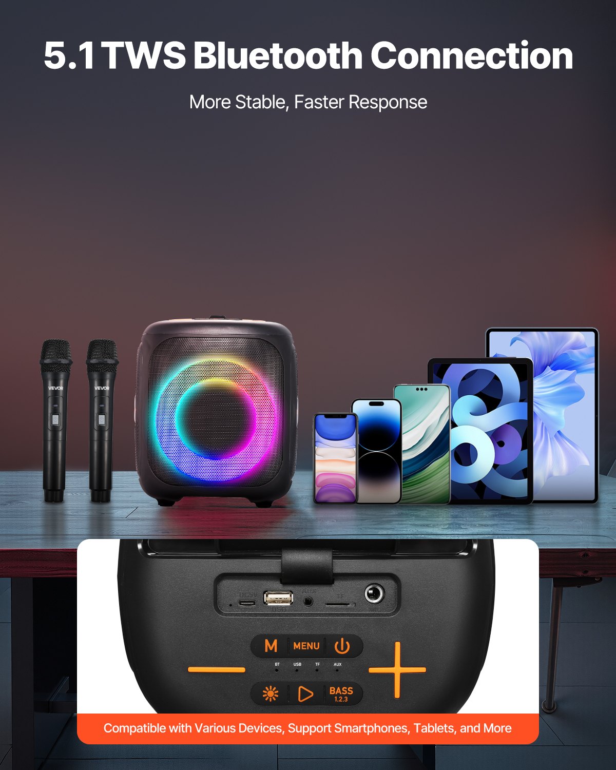 Multimedia device with wireless microphones and smartphones on a table, featuring 5.1 TWS Bluetooth connection text.