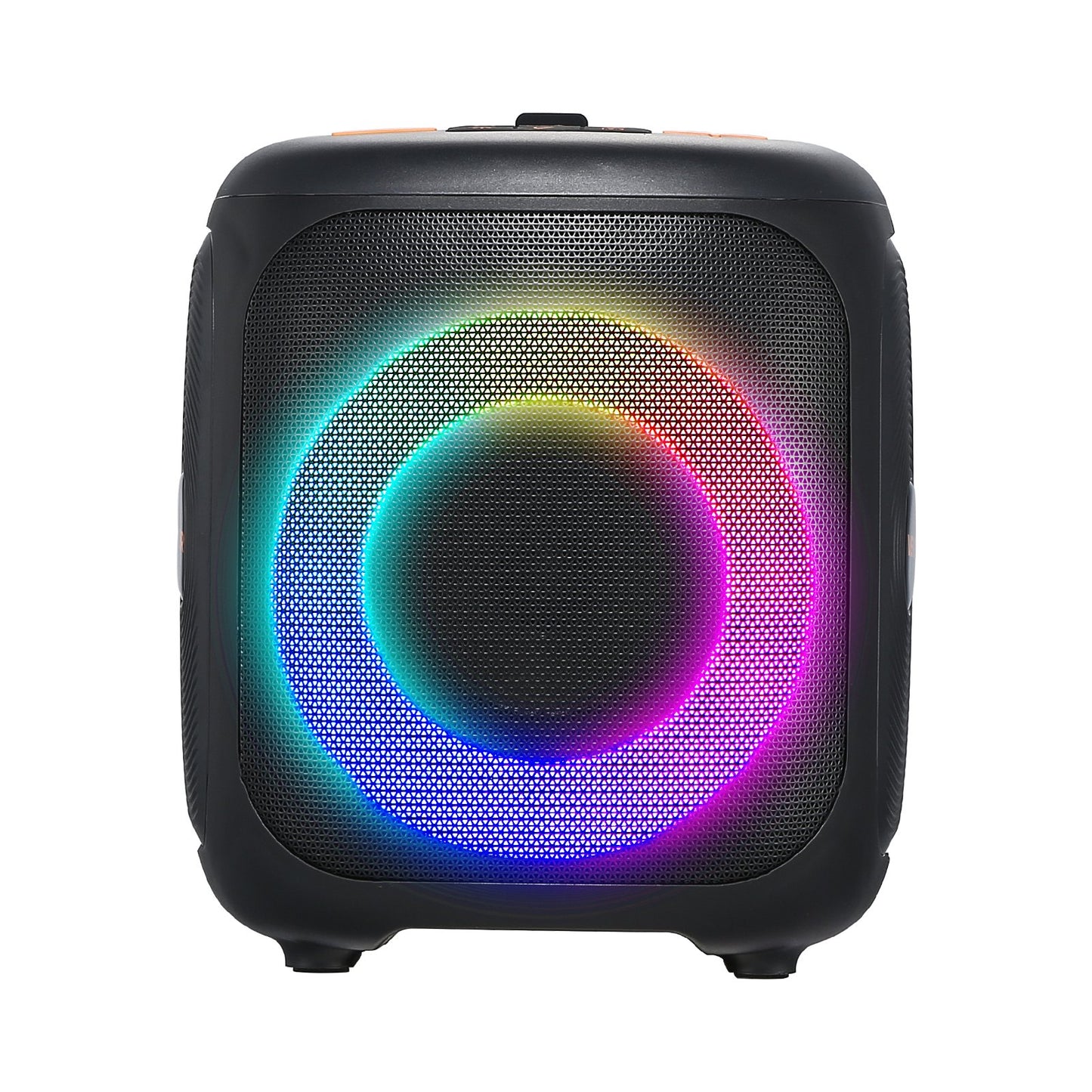 Black portable speaker with colorful LED ring on a white background