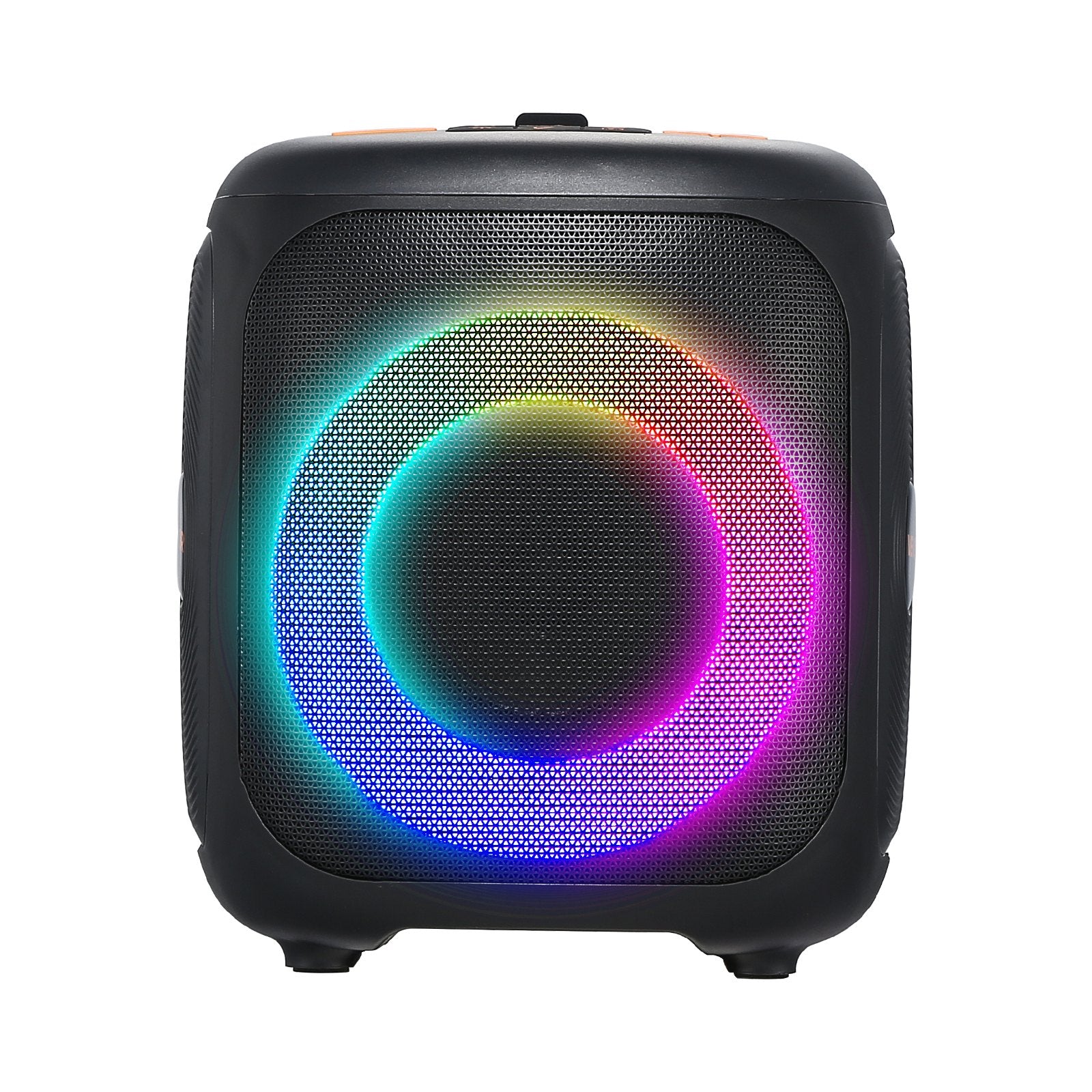 Black portable speaker with colorful LED ring on a white background