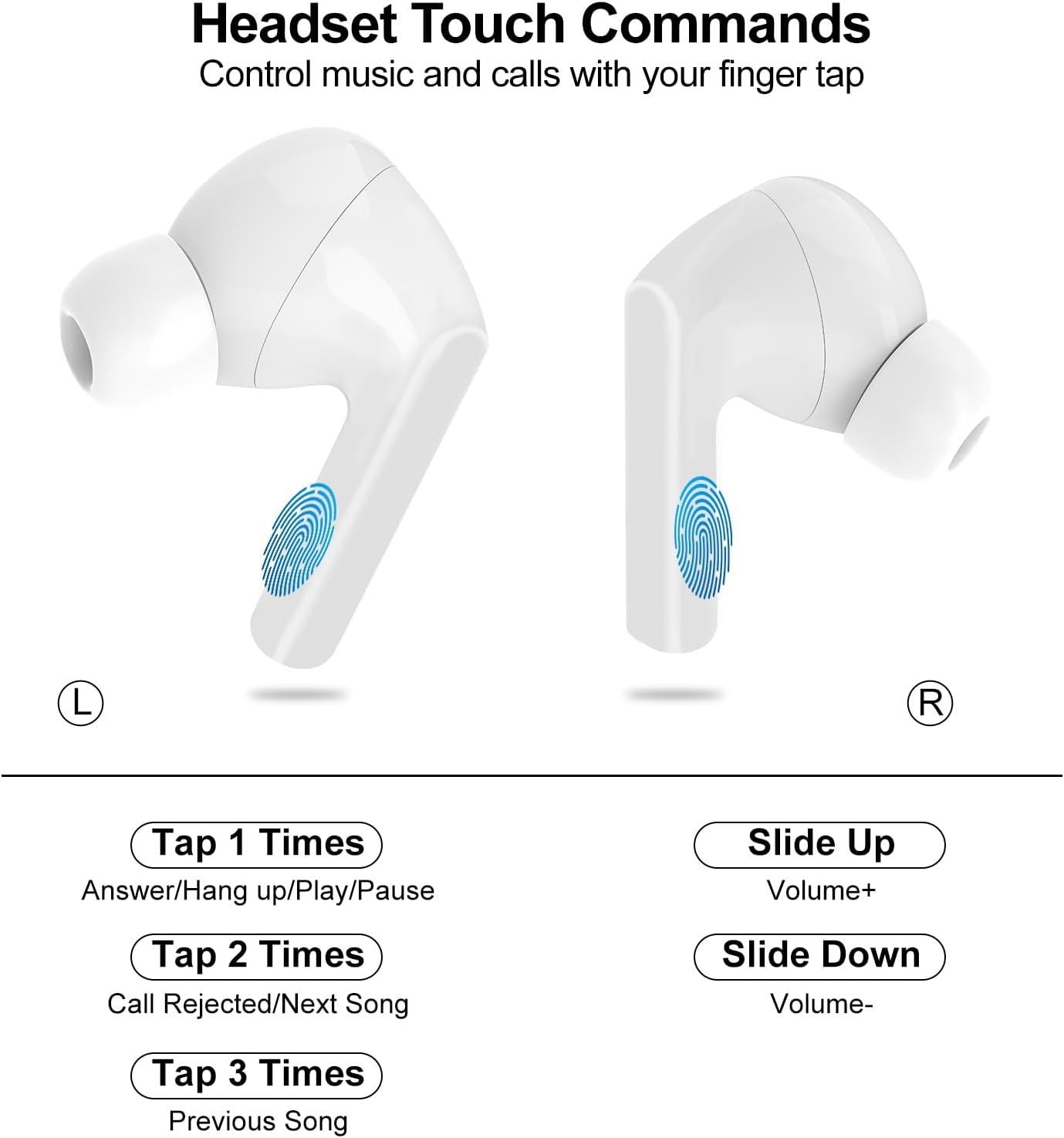 White wireless earbuds with touch commands on a white background